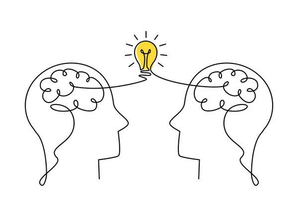 Beyni olan iki insan kafası ve yanan bir ampul tek bir katı çizgiyle çizilir. İnsan yaratıcılığı ve ortak zihin kavramı. Beyaz arkaplanda izole edilmiş vektör illüstrasyonu