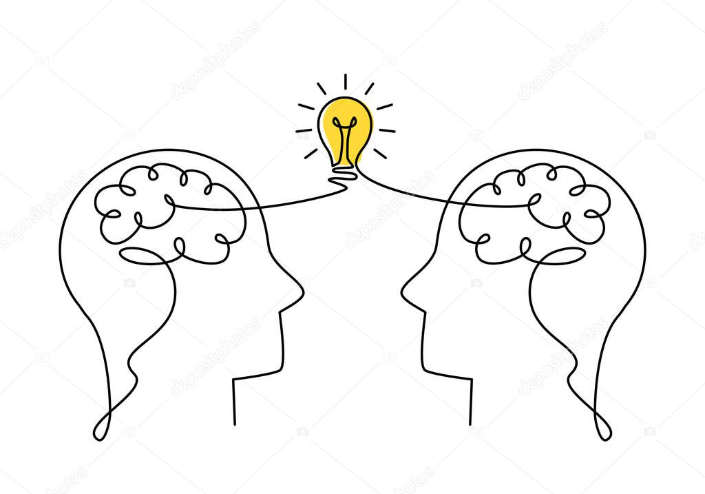 two human heads with a brain and a burning light bulb are drawn with one solid line. The concept of human creativity and collective mind. vector illustration isolated on white background