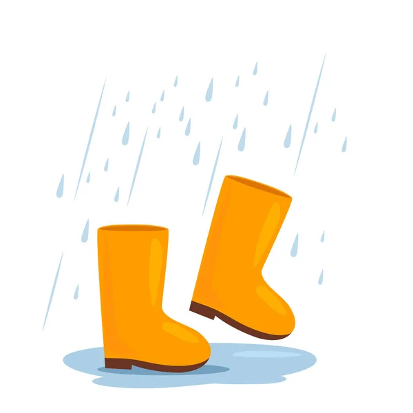 Gelbe Gummistiefel Laufen Einer Pfütze Regen Herbstwetter Konzept Vektor Illustration — Stockvektor