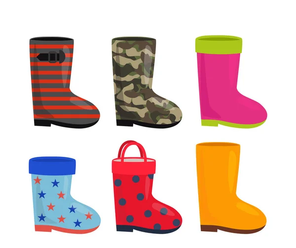 Set Bright Rubber Boots Icons Men Women Children Military Princess — Stock Vector