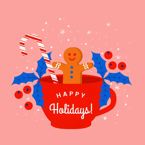 Joyeux Noël Carte Voeux Lettrage Joyeuses Fêtes Coupe Vin Chaud — Image vectorielle