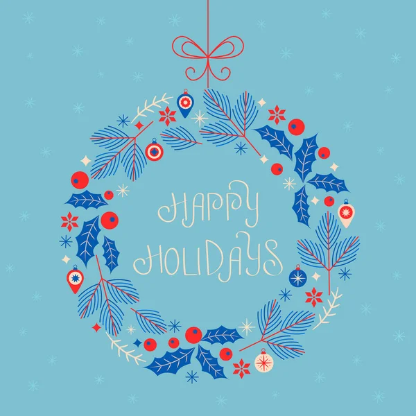 メリークリスマスとハッピーホリデーグリーティングカード クリスマスツリー ホリーと直線的なスタイルでボールの枝で作られたクリスマスリース ベクトル図は — ストックベクタ