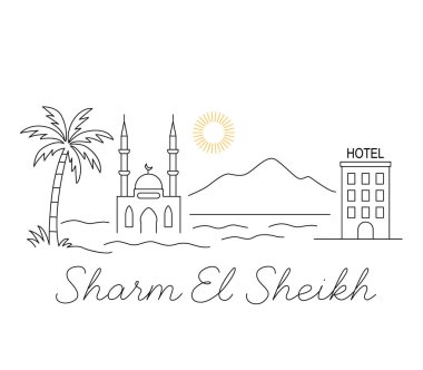 Sharm el-Sheikh Mısır 'ın doğrusal panoraması. Cami, palmiye ağaçları ve piramidin arka planında sıcak bir deniz. Turizm ve tatil konsepti. Düz çizgi illüstrasyonu
