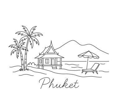 Tayland, Phuket 'in doğrusal manzarası. Hamak, şemsiye, palmiye ağaçları ve dağ evinin arka planına karşı sıcak bir deniz. Turizm ve tatil konsepti. Düz çizgi illüstrasyonu