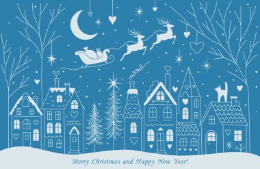 Şehirde bir Noel sokağı. Noel Baba ren geyikleri tarafından çekilen bir kızakla gökyüzünde gezer. Kışlık evler, bir Noel ağacı ve bir park. Kasabanın manzarası ve pencerelerde yağan karlara karşı ışıklar..