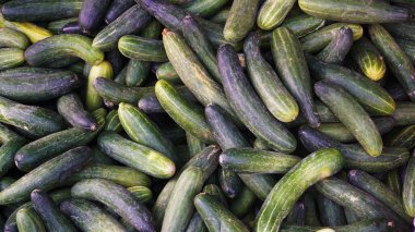 Yeşil salatalık yığını. Güneydoğu Asya 'da yerel üretim ve otantik sokak pazarı atmosferi gösteriliyor