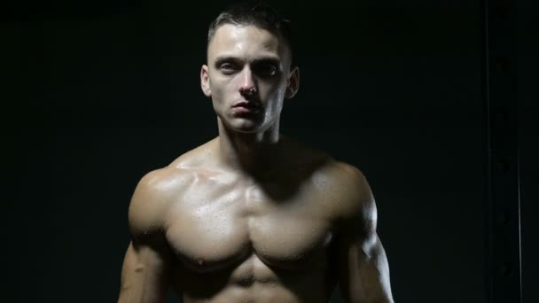 Beau Homme Caucasien Transpire Torse Entraînement Dans Salle Gym Avec — Video