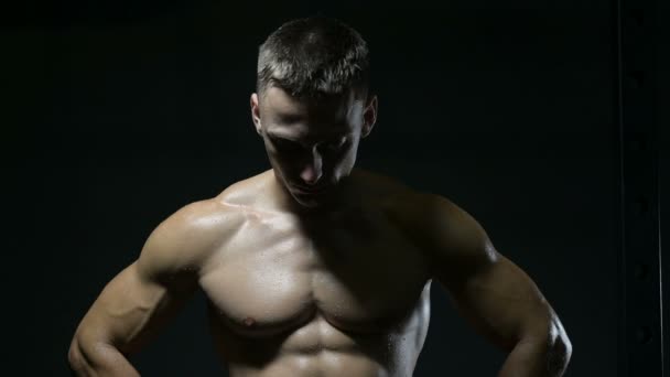 Good Looking Caucasian Man Sweats Shirtless Workout Gym Perfect Abs — Stock Video