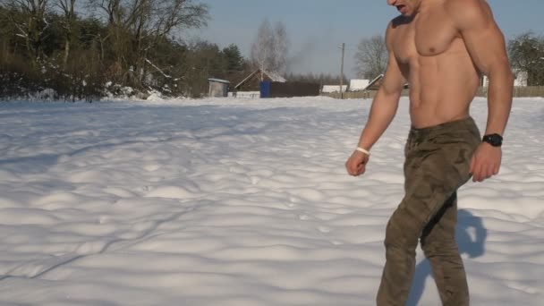 Puternic Zace Pajiște Înzăpezită Face Înger Zăpadă Conceptul Vacanță Iarnă — Videoclip de stoc