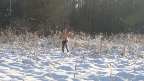Fitness Muž Nahým Trupem Běží Zasněženým Údolím Zimním Lese Pole — Stock video
