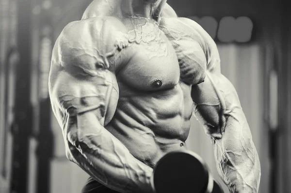 Kulturysta Pompujący Mięśnie Bicepsa Trening Fitness Kulturystyka Zdrowe Tło Koncepcyjne — Zdjęcie stockowe