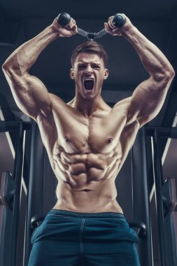 Vücut geliştirici yakışıklı güçlü atletik sert adam triceps kaslarını şişiriyor vücut geliştirme konsepti sağlıklı tasarım - kaslı fitness erkekler spor salonunda çıplak gövde egzersizleri yapıyor
