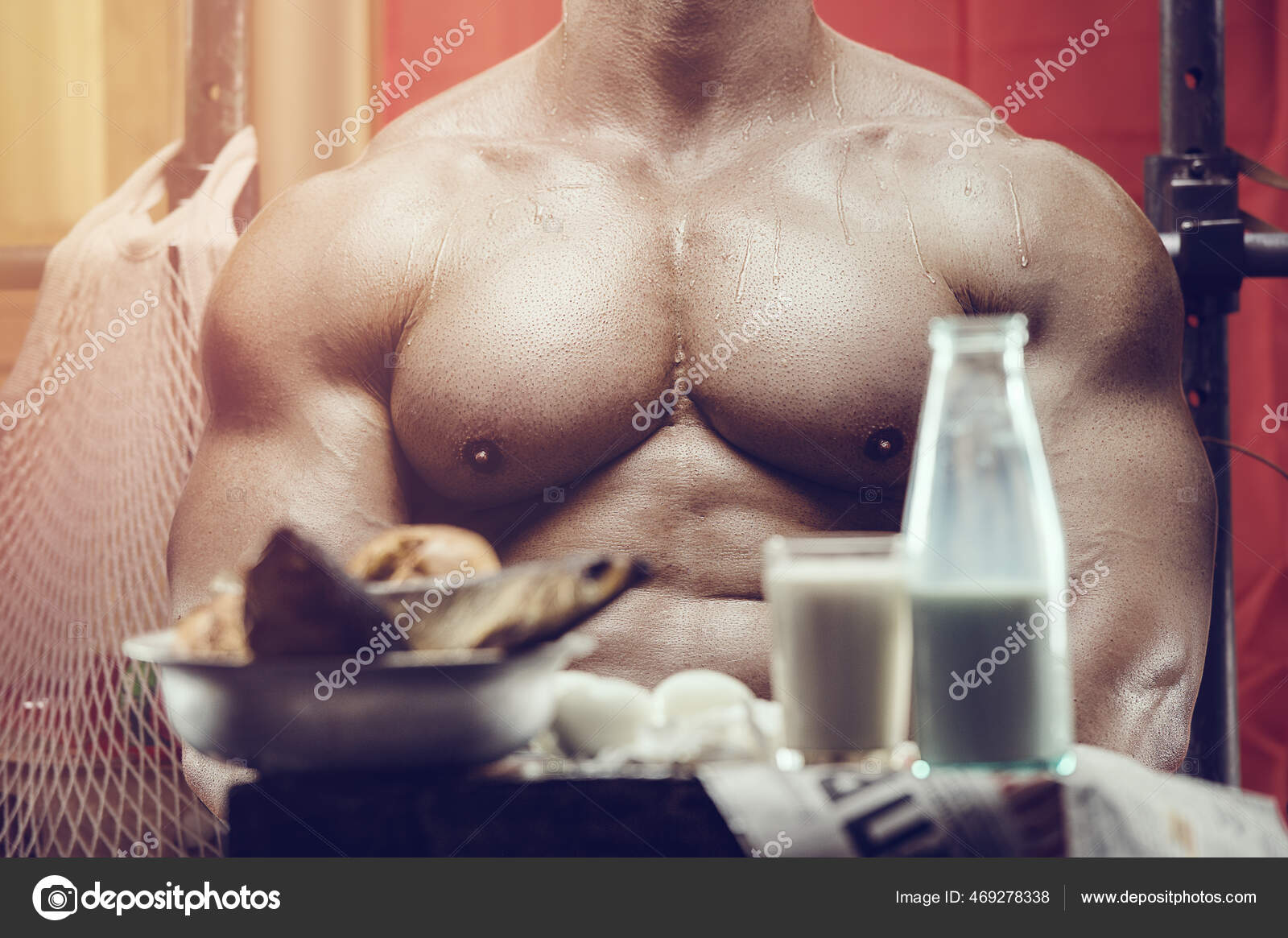 Old Fashion Bodybuilder Doing Exercises Old School Gym Ussr Flag Stock