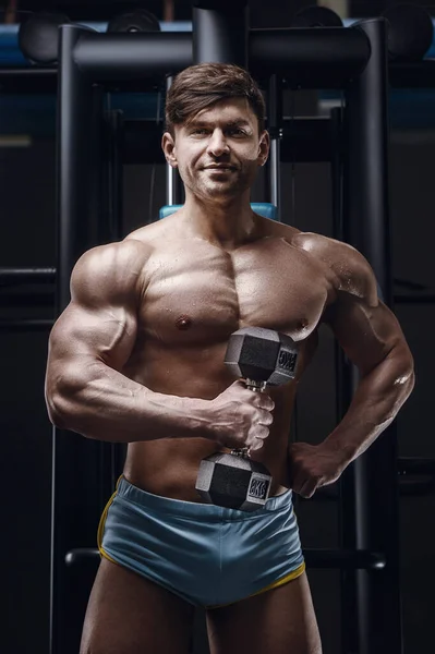 Caucasian Athletic Man Exercising Pumping Biceps Muscles Strong Bodybuilder Six — Stock Photo, Image