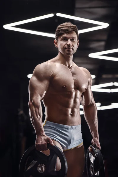 Caucasian Athletic Man Exercising Pumping Bent Row Strong Bodybuilder Six — Stock Photo, Image