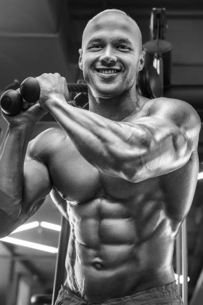 Young Athletic Man Pumping Muscles Gym Workout Sport Health Care — Stock Photo, Image