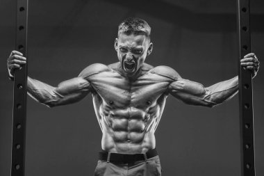 Spor salonunda kaslarını şişiren genç bir atletik. Spor ve sağlık geçmişi