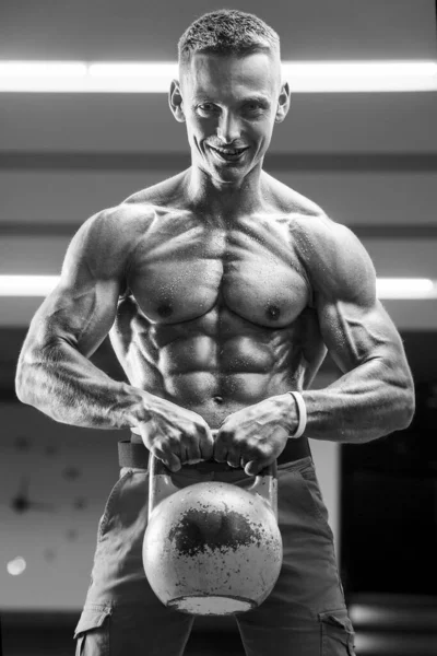 Young Athletic Man Pumping Muscles Gym Workout Sport Health Care — Stock Photo, Image