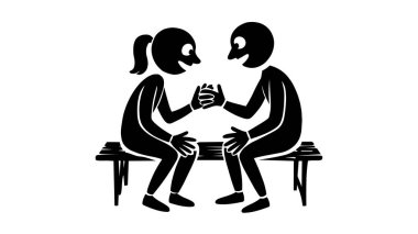 Çubuk figürler el ele tutuşuyorlar siyah beyaz bir bankta oturuyorlar birlik ve bağlantıyı temsil ediyorlar