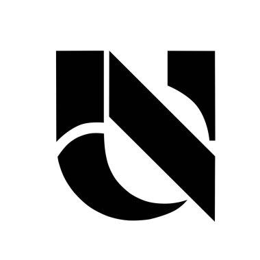 Beyaz zemin üzerinde geometrik şekiller ve eğri elementler içeren soyut siyah ve beyaz logo tasarımı