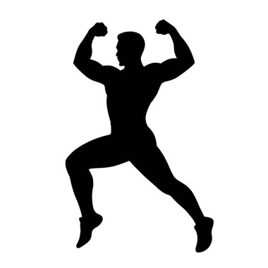 Kaslı bir adamın silueti beyaz bir arka planda kollarını ve bacaklarını dinamik bir şekilde esnetiyor.