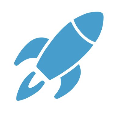 Alevlerle dolu açık mavi bir roket, beyaz bir arka planda, basit bir tasarımla yukarı doğru fırlatılıyor.