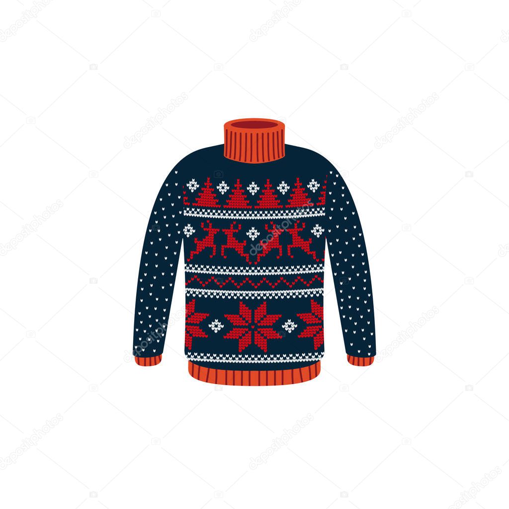 Vector ugly sweaters for Christmas party. Knitted jumpers with winter patterns esp