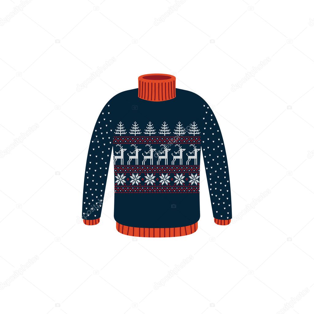 Vector ugly sweaters for Christmas party. Knitted jumpers with winter patterns esp