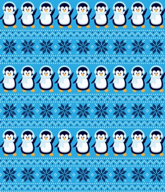 Noel ve Yeni Yıl desenleri örülmüş penguenler. Yün örgü süveter tasarımı. Duvar kağıdı ambalaj kağıdı tekstil baskısı.