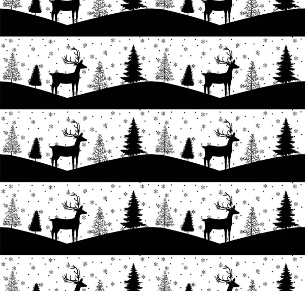 鹿とシームレスなメリークリスマスパターン、冬の抽象化。森林の背景。雪の中でReindersと無限の水平バナー。手描きの紙の装飾要素、ベクトルイラスト. — ストックベクタ