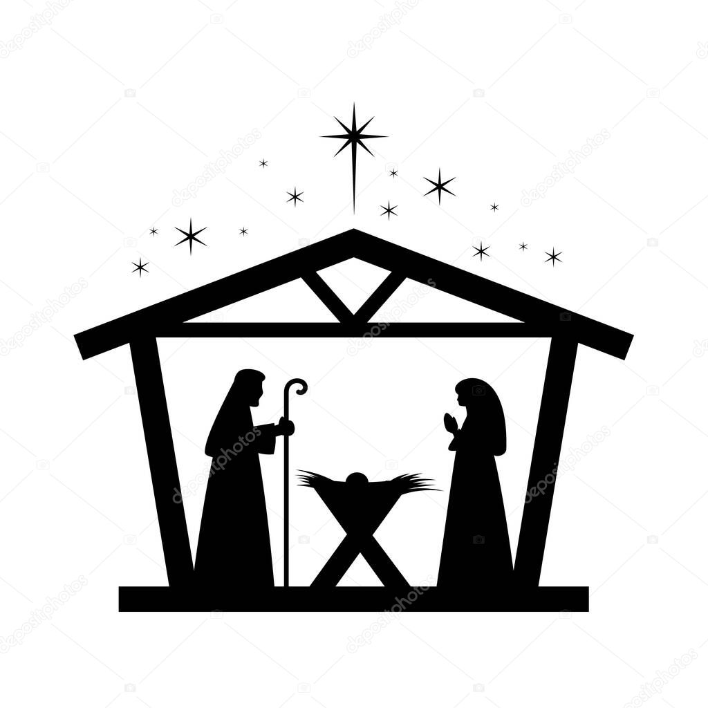 Christmas nativity scene with baby Jesus, Mary and Joseph in the manger.Traditional christian christmas story. Vector illustration for children. eps 10