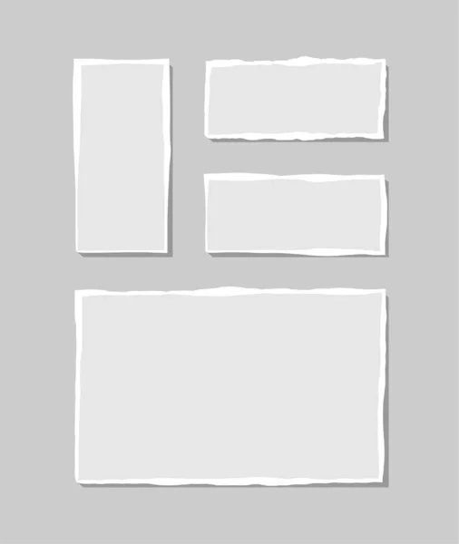 引き裂かれた白いノートのセット。灰色の背景に隔離された様々な形の引き裂かれた紙のスクラップ。ベクターイラスト. — ストックベクタ