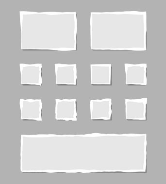 Yırtık beyaz banknot. Gri arka planda izole edilmiş çeşitli şekillerde yırtık kağıt parçaları. Vektör illüstrasyonu.