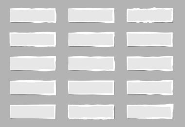 Yırtık beyaz banknot. Gri arka planda izole edilmiş çeşitli şekillerde yırtık kağıt parçaları. Vektör illüstrasyonu.