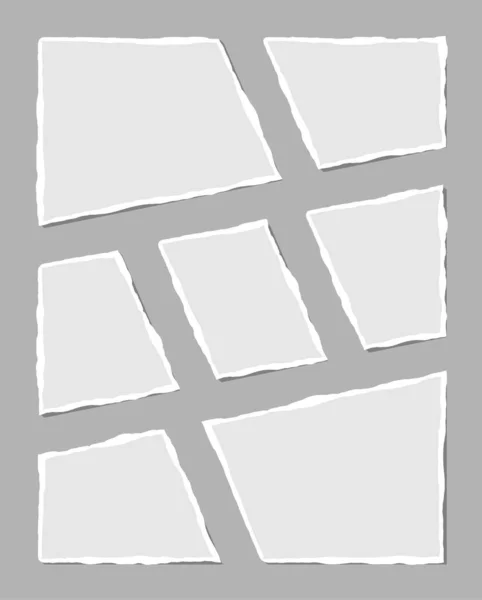 Satz zerrissener weißer Note. Papierfetzen in verschiedenen Formen isoliert auf grauem Hintergrund. Vektorillustration. — Stockvektor