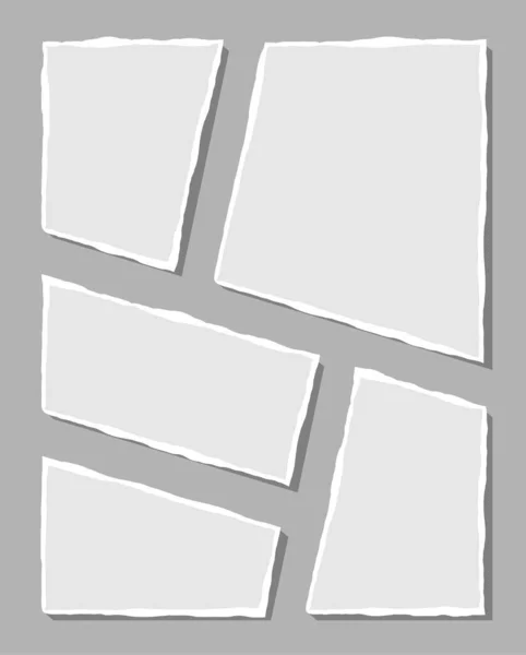 Um conjunto de notas brancas rasgadas. Raspas de papel rasgado de várias formas isoladas em fundo cinza. Ilustração vetorial. — Vetor de Stock