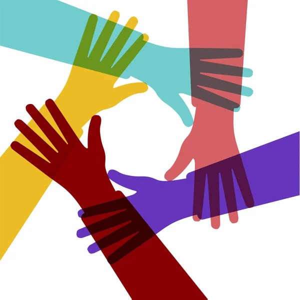 Hands Diverse Group People Putting Together Cooperation Togetherness Partnership Agreement — Stock Vector