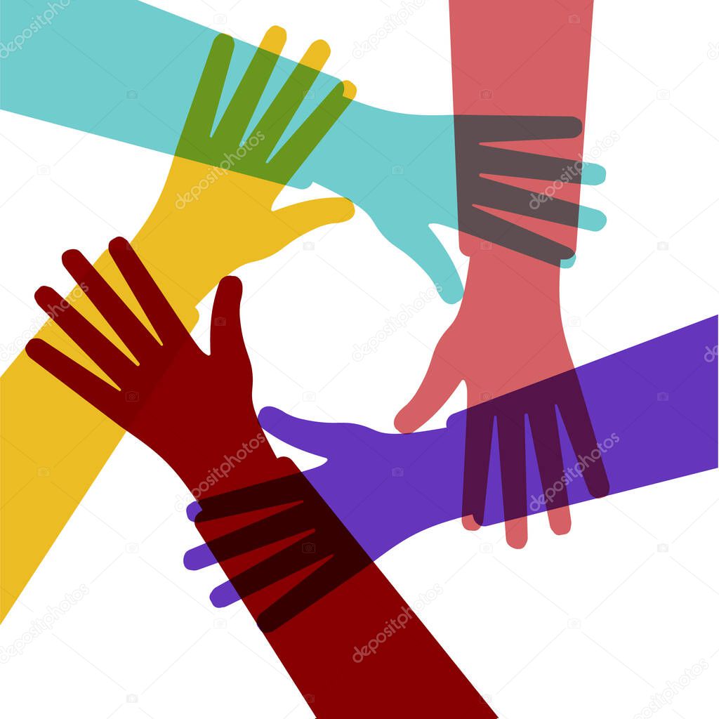 Hands of diverse group of people putting together. Cooperation, togetherness, partnership, agreement, teamwork, eps 10