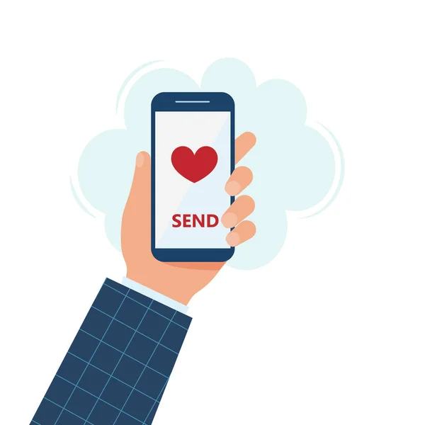 Smartphone Mão Sobre Escrito Com Coração Para Dia Saint Valentine — Vetor de Stock