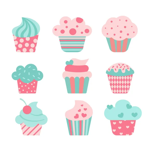 Deliciosos Cupcakes Sprinkles Vetoriais Muffin Set Isolado Fundo Branco Eps — Vetor de Stock