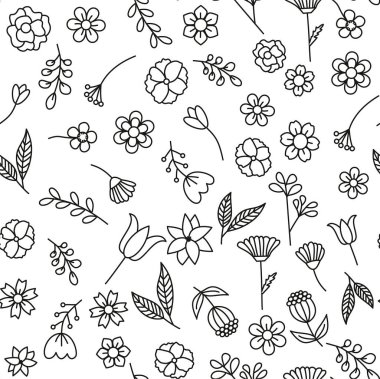 Çiçek grafik tasarımı. Elle çizilmiş çiçekleri, yaprakları ve soyut şekilleri olan modaya uygun, kusursuz bir model. Modern ve orijinal tekstil, ambalaj kağıdı ve duvar tasarımı için baskı. 10 saniye.