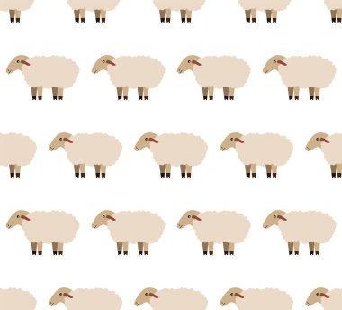 Şirin koyunları, kalbi, yıldızları ve noktaları olan kusursuz bir şablon. Mavi çocuksu yinelenen doku ve gülümseyen çizgi film karakteri. EPS 10