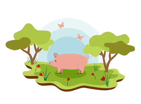 Милі Сільськогосподарські Тварини Свині Весняним Пейзажем Векторна Мультяшна Ілюстрація Eps — стоковий вектор