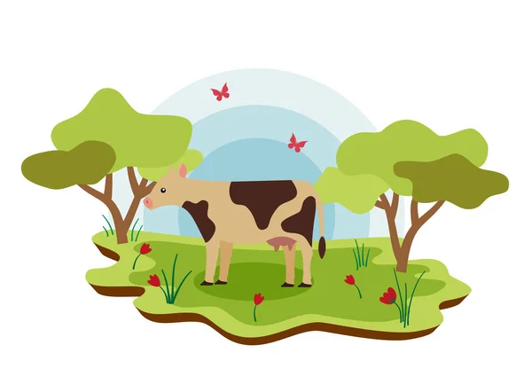 Bonitos Animales Granja Vaca Con Paisaje Primavera Ilustración Dibujos Animados — Vector de stock