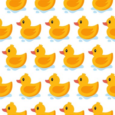 Beyaz arka planda sarı plastik ördek deseni olan hoş, pürüzsüz bir desen. Ördek oyuncağı bebek partisi illüstrasyonu. 10 saniye.