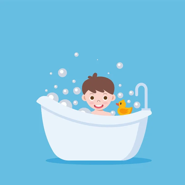 Bañera Blanca Baños Con Niño Sonriente Baño Vintage Burbujas Espuma — Vector de stock