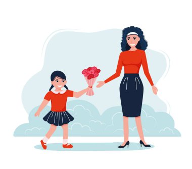 Anneler günü için vektör illüstrasyonu, kız annesine 10 Eps çiçek veriyor.