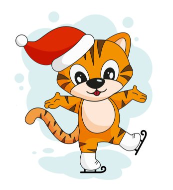 Neşeli çizgi film kaplan patenleri. Noel illüstrasyonu. Vektör illüstrasyonu EPS 10