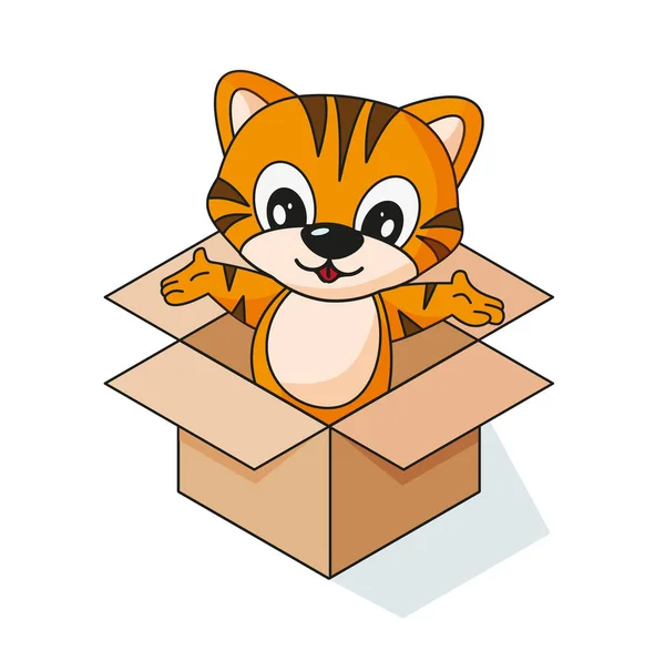 Niedliches Tigerjunges Mit Sitz Einer Box Vektor Illustration Eps — Stockvektor