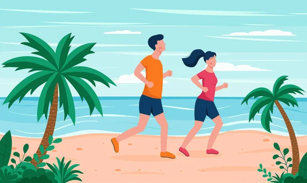 Illustrazione Vettoriale Uomo Una Donna Che Fanno Jogging Sulla Spiaggia — Vettoriale Stock